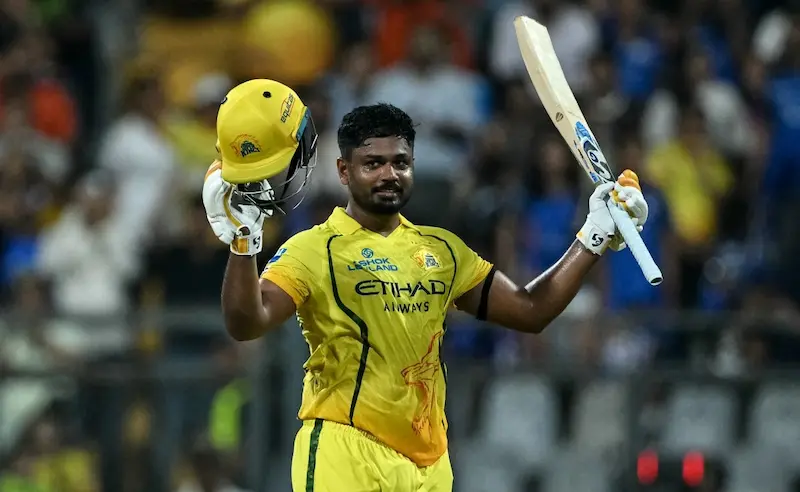 Sanju Samson IPL 2026 century for CSK celebration